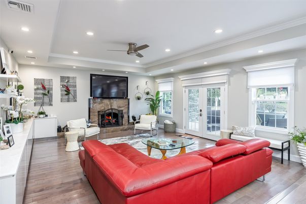 Fireplace, Interior, Living room, Recessed Lighting, Wood Texture Flooring