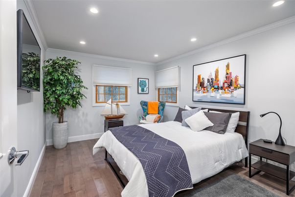 Bedroom, Interior, Recessed Lighting, Wood Texture Flooring