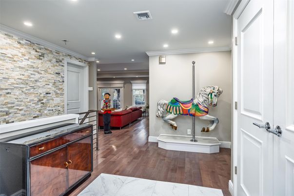 Interior, Living room, Recessed Lighting, Stone Walls, Wood Texture Flooring