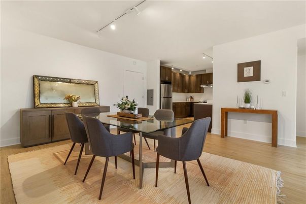 Dining room, Interior, Kitchen, Recessed Lighting, Stainless Steel Appliances, Wood Texture Flooring