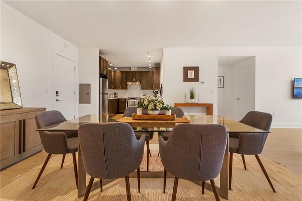 Dining room, Interior, Kitchen, Pendant Lights, Stainless Steel Appliances, Wood Texture Flooring