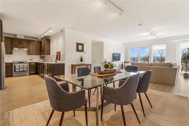 Dining room, Interior, Kitchen, Living room, Stainless Steel Appliances, Wood Texture Flooring