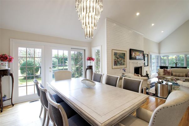 Chandelier, Dining room, Fireplace, Interior, Living room, Recessed Lighting, Wood Texture Flooring