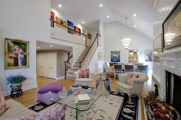 Chandelier, Dining room, Fireplace, Interior, Living room, Recessed Lighting, Wood Texture Flooring