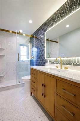 Bathroom, Glass Shower, Interior, Marble Walls, Recessed Lighting