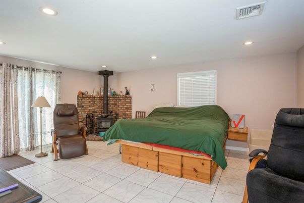 Bedroom, Fireplace, Interior, Marble, Recessed Lighting, Stone Walls