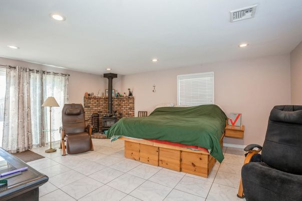 Bedroom, Fireplace, Interior, Marble, Recessed Lighting, Stone Walls