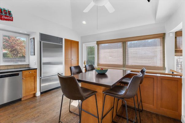 Dining room, Interior, Kitchen, Recessed Lighting, Stainless Steel Appliances, Wood Texture Flooring