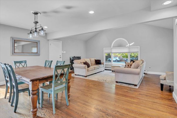 Dining room, Interior, Living room, Pendant Lights, Recessed Lighting, Wood Texture Flooring