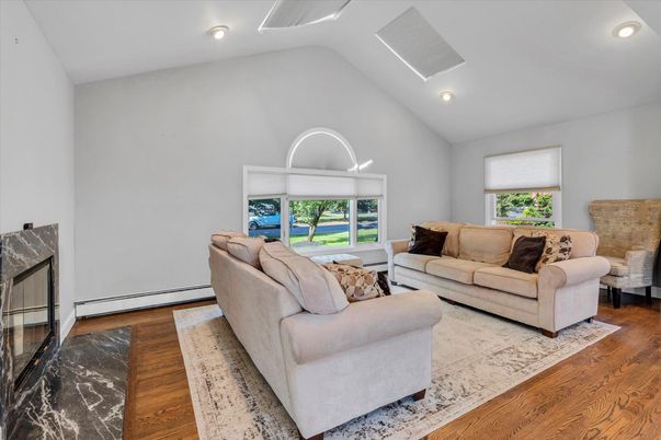 Fireplace, Interior, Living room, Recessed Lighting, Wood Texture Flooring