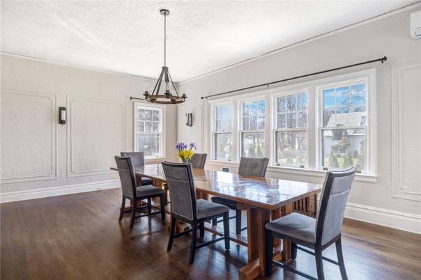 Dining room, Interior, Pendant Lights, Wood Texture Flooring