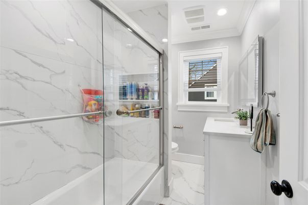 Bathroom, Glass Shower, Interior, Marble, Marble Walls, Recessed Lighting