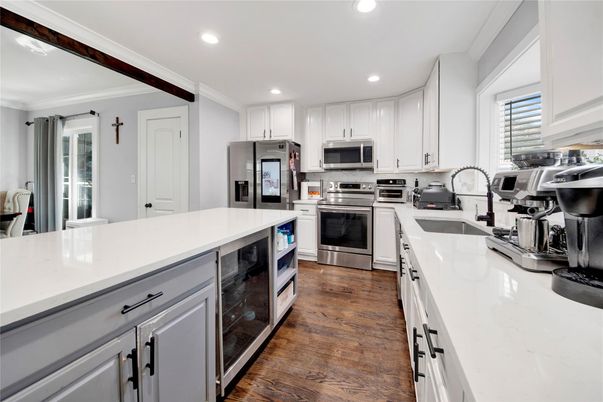 Interior, Kitchen, Recessed Lighting, Stainless Steel Appliances, Wood Texture Flooring
