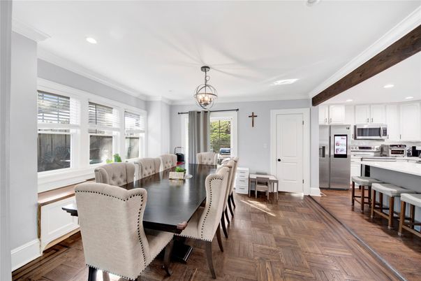 Chandelier, Dining room, Interior, Kitchen, Pendant Lights, Recessed Lighting, Stainless Steel Appliances, Wooden Beams, Wood Texture Flooring