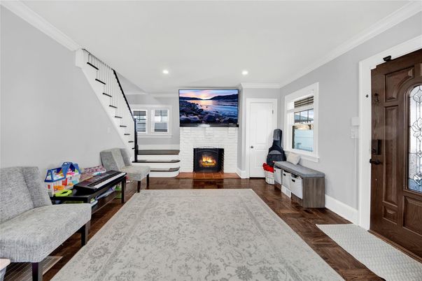 Fireplace, Interior, Living room, Recessed Lighting, Wood Texture Flooring