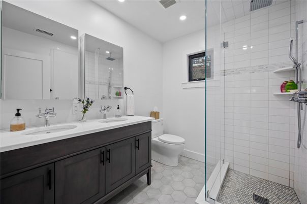 Bathroom, Dual Sink Vanities, Glass Shower, Interior, Recessed Lighting