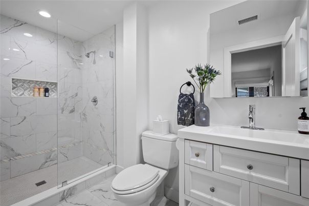 Bathroom, Glass Shower, Interior, Marble, Marble Walls, Recessed Lighting
