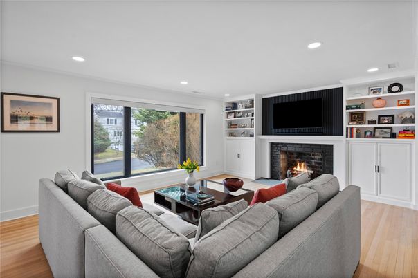 Fireplace, Interior, Living room, Recessed Lighting, Wood Texture Flooring