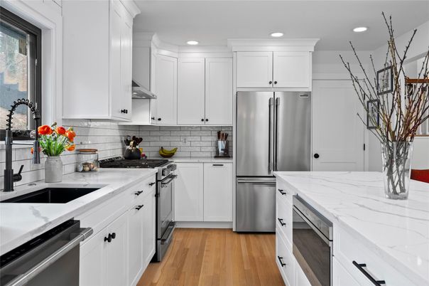 Interior, Kitchen, Recessed Lighting, Stainless Steel Appliances, Wood Texture Flooring