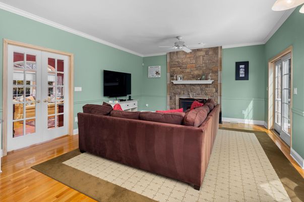 Fireplace, Interior, Living room, Stone Walls, Wood Texture Flooring