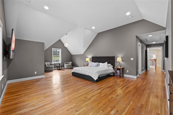 Bedroom, Interior, Pendant Lights, Recessed Lighting, Wood Texture Flooring
