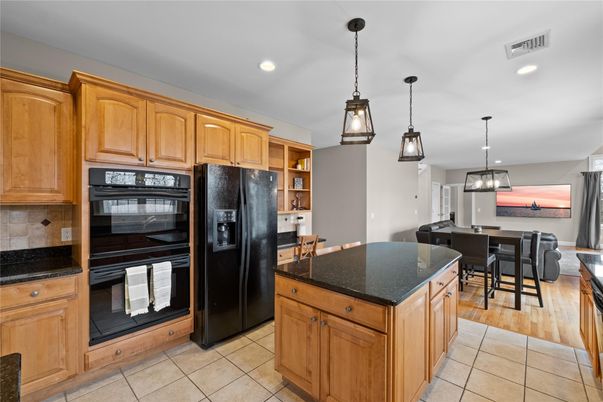 Dining room, Interior, Kitchen, Pendant Lights, Recessed Lighting, Wood Texture Flooring