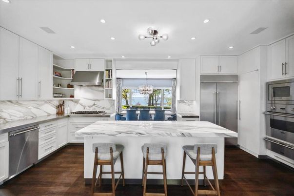 Chandelier, Interior, Kitchen, Recessed Lighting, Stainless Steel Appliances, Wood Texture Flooring