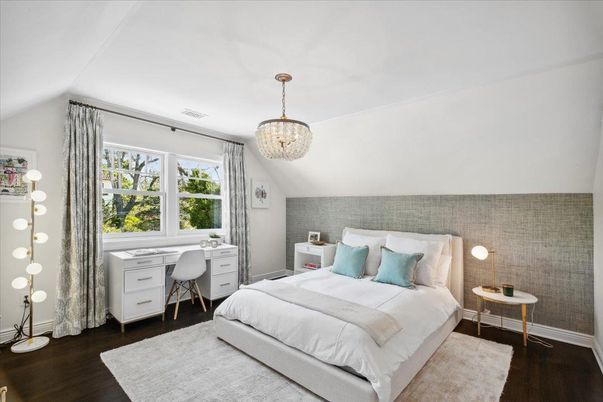 Bedroom, Chandelier, Home Office, Interior, Wood Texture Flooring