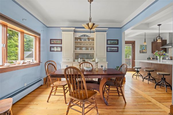 Dining room, Interior, Pendant Lights, Wood Texture Flooring