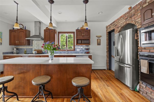 Interior, Kitchen, Pendant Lights, Recessed Lighting, Stainless Steel Appliances, Wood Texture Flooring
