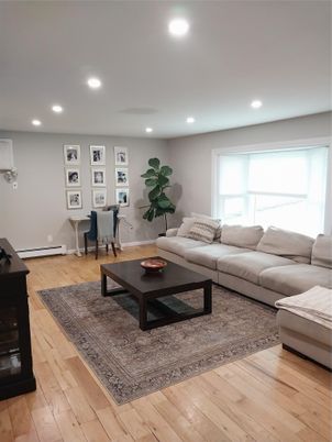 Dining room, Interior, Living room, Recessed Lighting, Wood Texture Flooring
