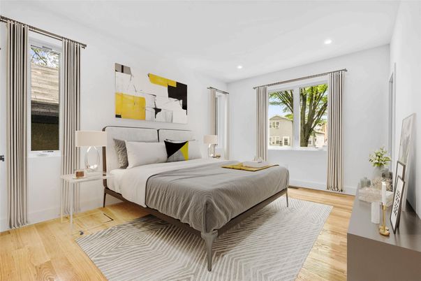 Bedroom, Interior, Recessed Lighting, Wood Texture Flooring
