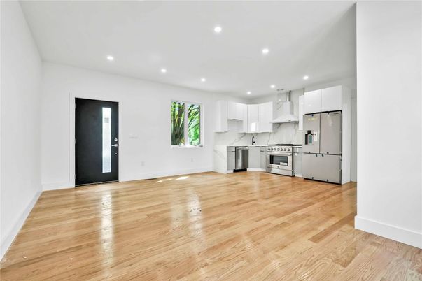 Interior, Kitchen, Recessed Lighting, Stainless Steel Appliances, Wood Texture Flooring
