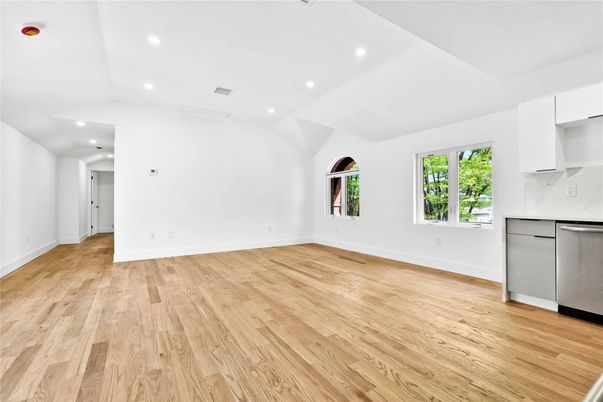Empty room, Interior, Kitchen, Recessed Lighting, Wood Texture Flooring