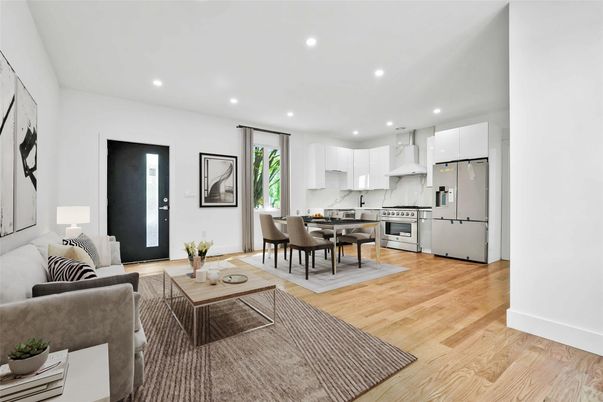 Dining room, Interior, Kitchen, Living room, Recessed Lighting, Stainless Steel Appliances, Wood Texture Flooring