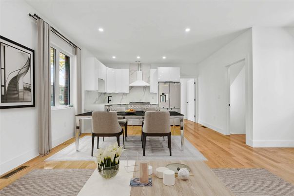 Dining room, Interior, Kitchen, Marble Walls, Recessed Lighting, Stainless Steel Appliances, Wood Texture Flooring