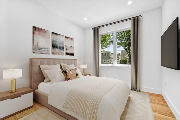 Bedroom, Interior, Recessed Lighting, Wood Texture Flooring
