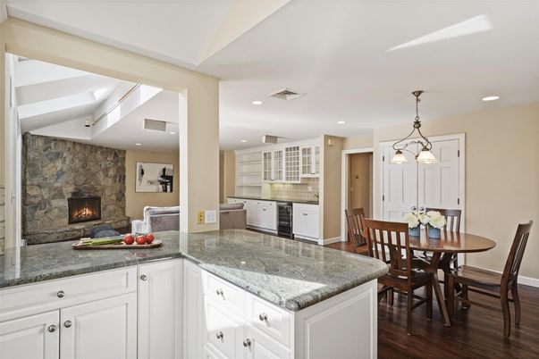 Dining room, Fireplace, Interior, Kitchen, Pendant Lights, Recessed Lighting, Stone Walls, Wood Texture Flooring