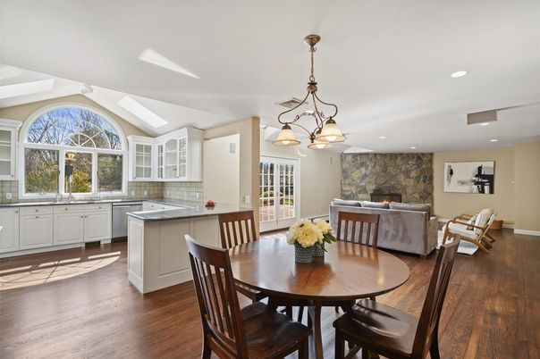 Dining room, Fireplace, Interior, Kitchen, Living room, Pendant Lights, Recessed Lighting, Stone Walls, Wood Texture Flooring