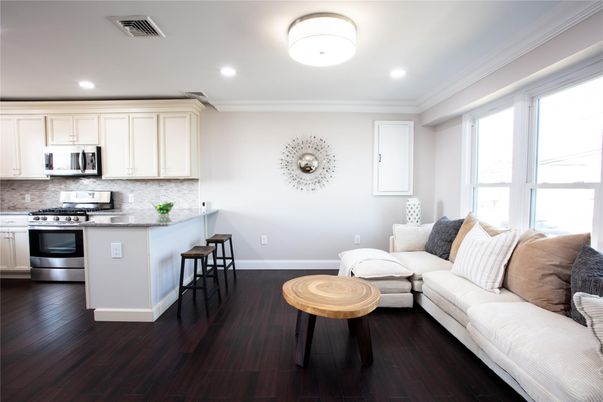 Interior, Kitchen, Living room, Recessed Lighting, Stainless Steel Appliances, Wood Texture Flooring