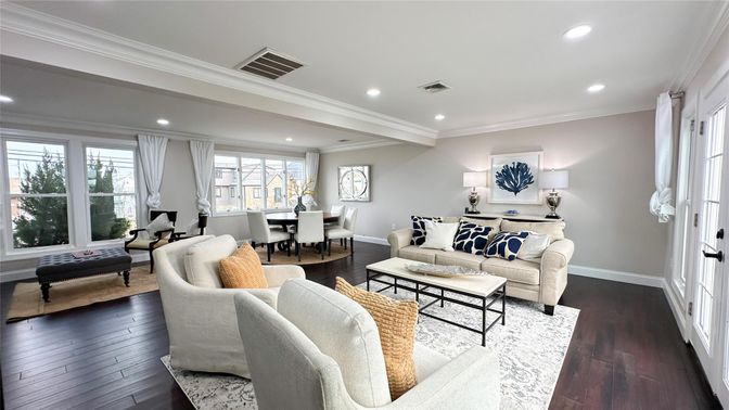 Dining room, Interior, Living room, Recessed Lighting, Wood Texture Flooring