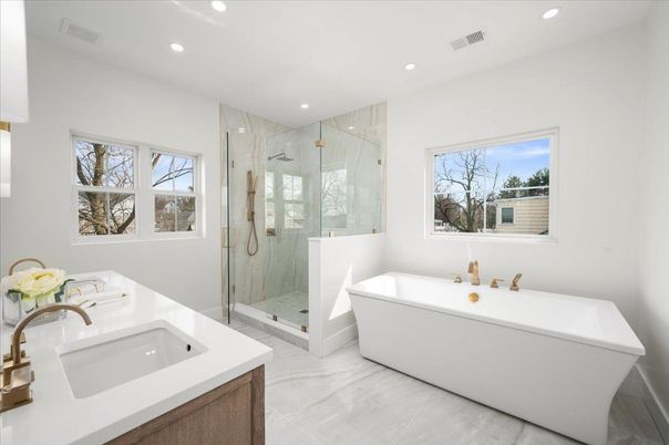 Bathroom, Dual Sink Vanities, Free Standing Baths, Glass Shower, Interior, Marble, Recessed Lighting