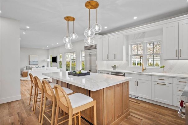 Interior, Kitchen, Living room, Pendant Lights, Recessed Lighting, Stainless Steel Appliances, Wood Texture Flooring