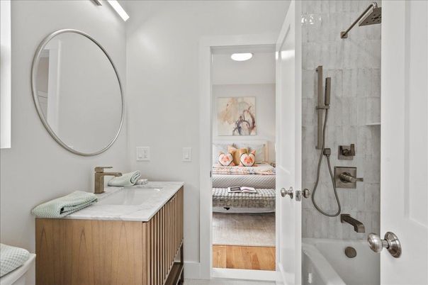 Bathroom, Bedroom, Dual Sink Vanities, Interior, Recessed Lighting, Wood Texture Flooring