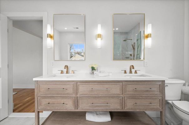 Bathroom, Dual Sink Vanities, Interior, Recessed Lighting, Wood Texture Flooring