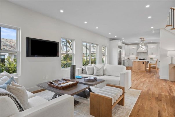 Dining room, Interior, Kitchen, Living room, Pendant Lights, Recessed Lighting, Stainless Steel Appliances, Wood Texture Flooring