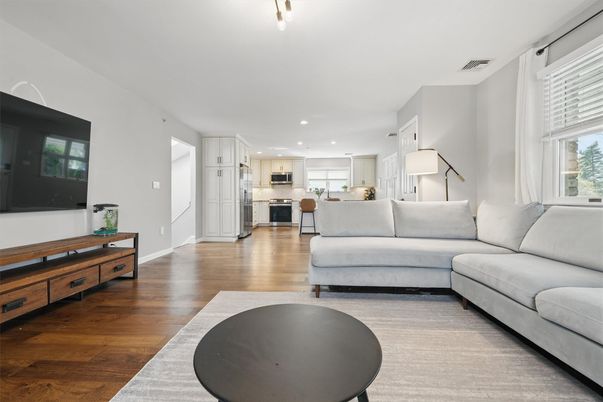 Interior, Kitchen, Living room, Recessed Lighting, Stainless Steel Appliances, Wood Texture Flooring