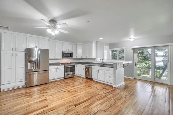 Interior, Kitchen, Recessed Lighting, Stainless Steel Appliances, Wood Texture Flooring