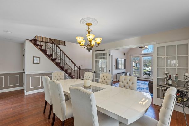 Chandelier, Dining room, Interior, Wood Texture Flooring