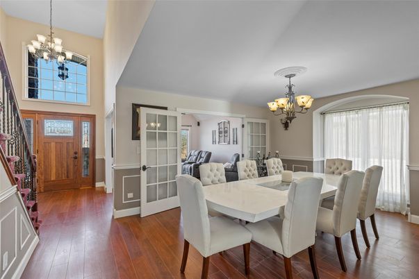 Chandelier, Dining room, Interior, Wood Texture Flooring